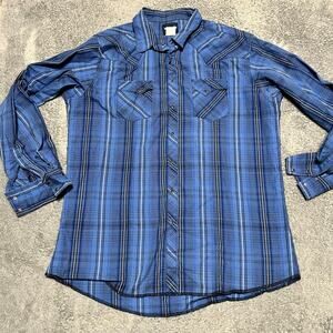 Wrangler Shirt Mens XXL Tall Blue Pearl Snap Plaid Western Long Sleeve